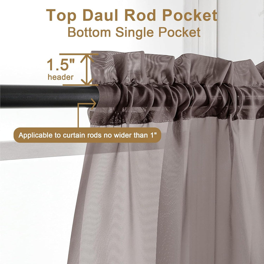 Chyhomenyc Chocolate Brown Sheer Curtains 30 inch Length 2 Panels, Light Filtering Voile Rod Pocket Short Window Curtians for Bathroom Living Room Farmhouse Small Windows, 42Wx30L inches
