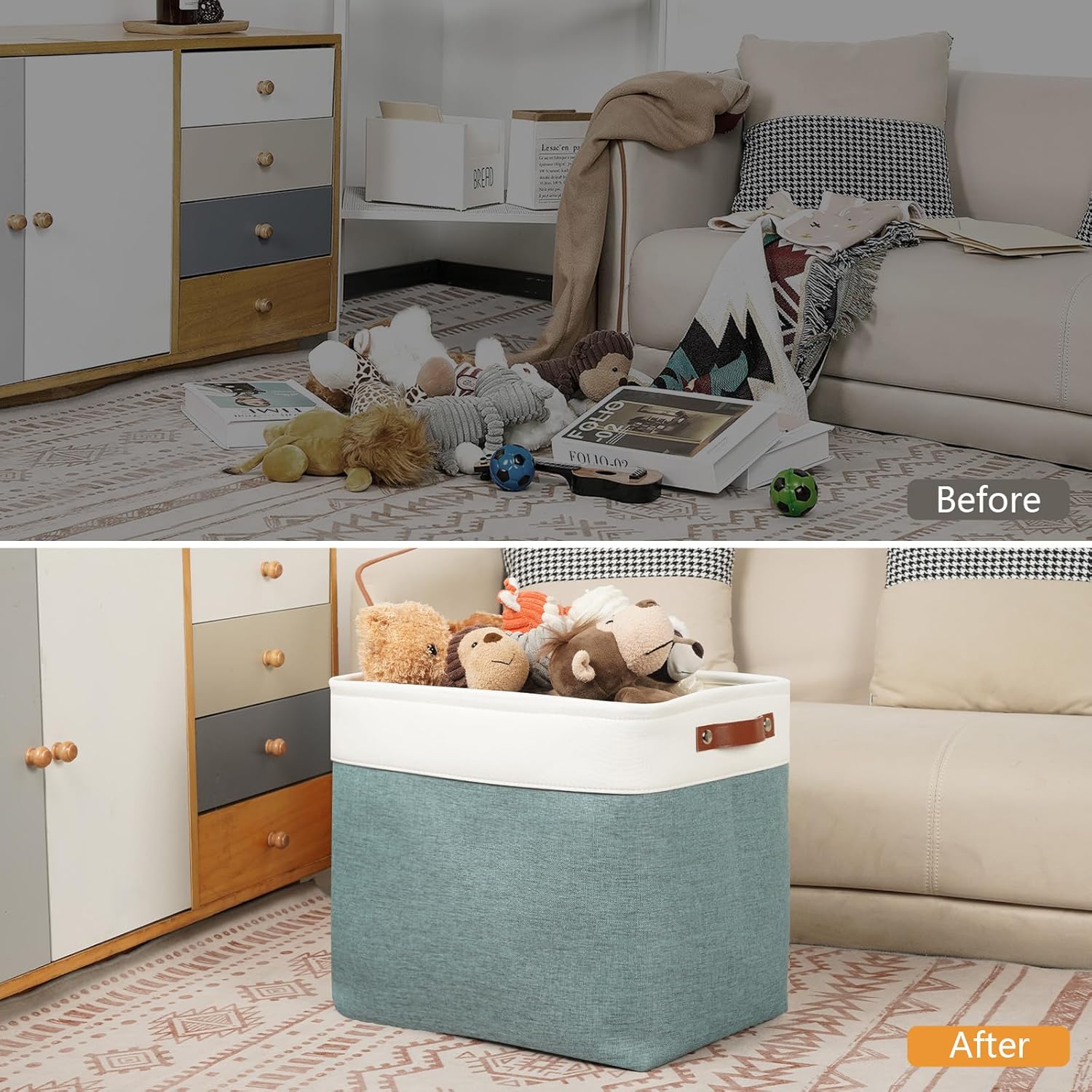 DULLEMELO Large Rectangular Baskets for Blankets 51L Canvas Storage Baskets for Organizing 3 Pack Collapsible Baskets Bins for Organizing Home Office with Handles (White&Deep Green)