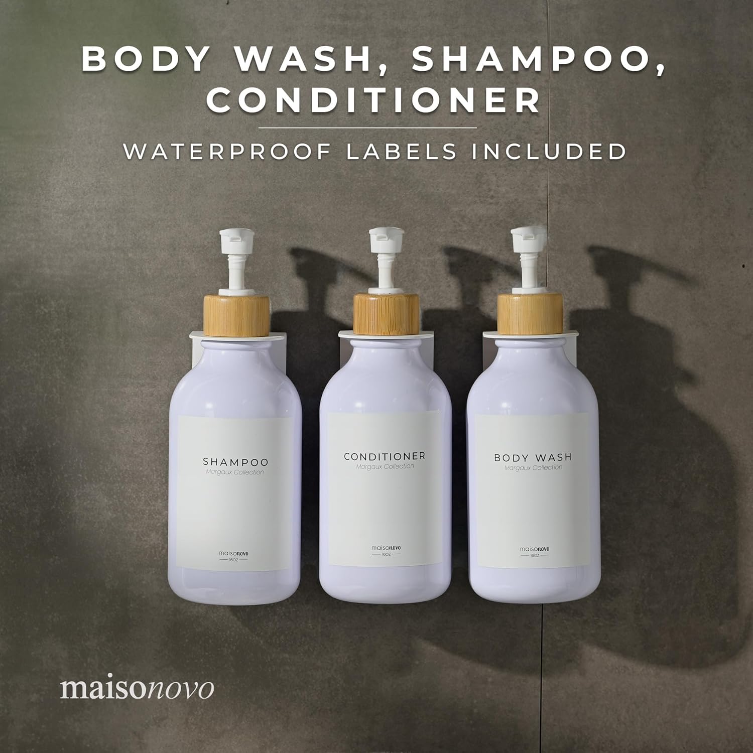 MaisoNovo Shampoo and Conditioner Dispenser - Shower Soap Dispenser Wall Mounted - 16.9 fl oz Set of 3 White Plastic Bottles Bamboo Pump - 3 Chamber No Drill