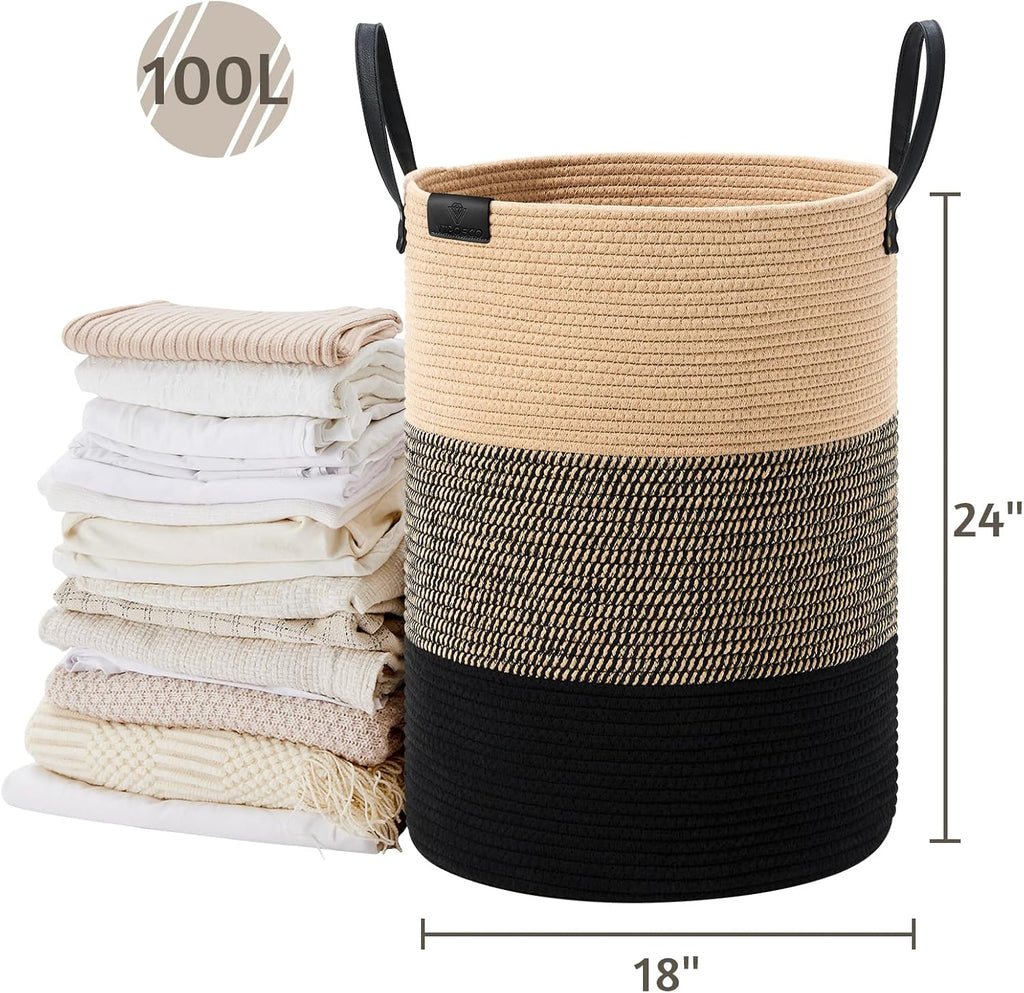 VIPOSCO Tall Laundry Basket, Large Dirty Clothes Hamper with Leather Handle, Woven Rope Storage Basket for Blanket, Toy In Living Room, Bathroom, Bedroom - 100L Brown & Black