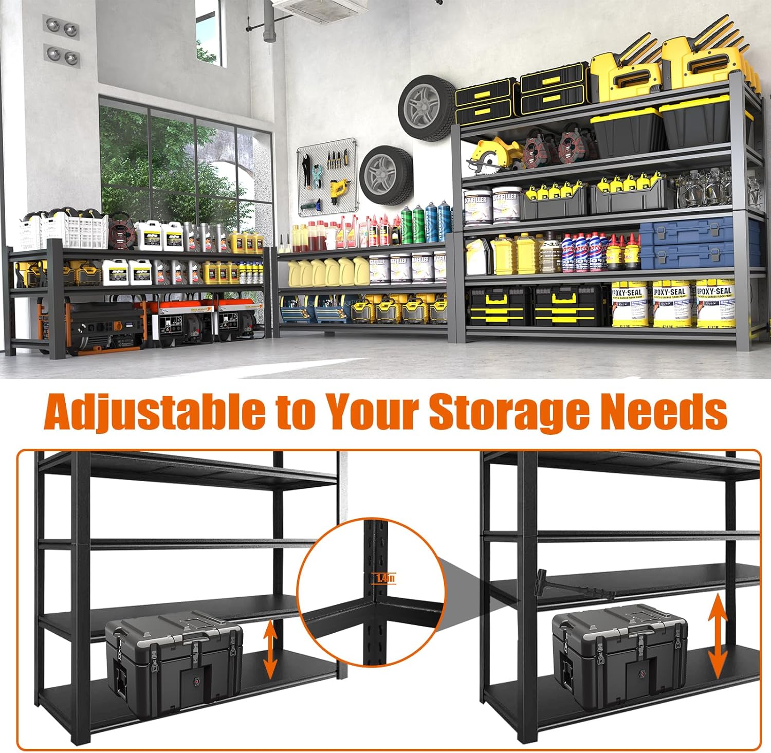 60"W Garage Shelving Heavy Duty Metal Shelving 3000LBS Storage Shelves Adjustable 5 Tier Metal Shelves for Storage Industrial Shelves for Garage, Warehouse, 24.2" D x 60'' W x 72'' H, 2 Packs