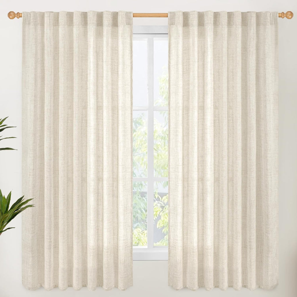 YoungsTex Linen Curtains 60 Inch Wide for Living Room, Semi Sheer Light Filtering Window Drapes 63 Inch Length with Rod Pocket Back Tab for Bedroom Dining Room, Linen, 2 Panels, 60 X 63 Inch