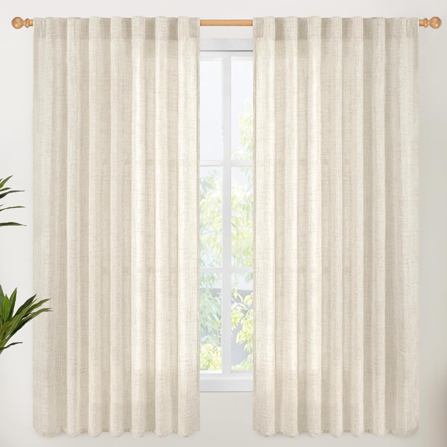 YoungsTex Linen Curtains 60 Inch Wide for Living Room, Semi Sheer Light Filtering Window Drapes 63 Inch Length with Rod Pocket Back Tab for Bedroom Dining Room, Linen, 2 Panels, 60 X 63 Inch