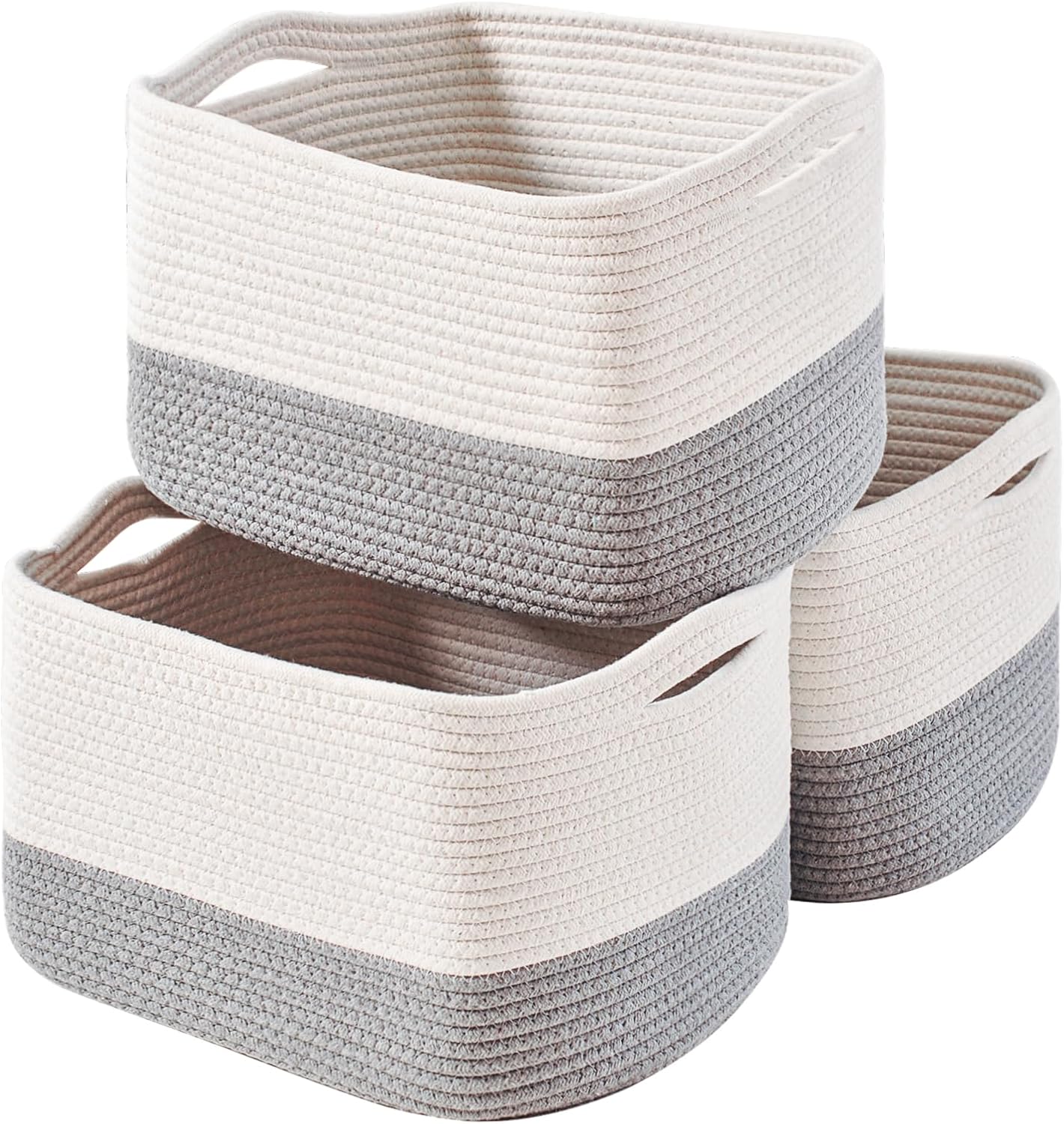 Storage Baskets for Organizing Shelves, Woven Cotton Rope Bins for Baby Nursery Organization, Book Toy Towel Organizer, 15"x11"x9.5", 3 Packs, Off White & Grey