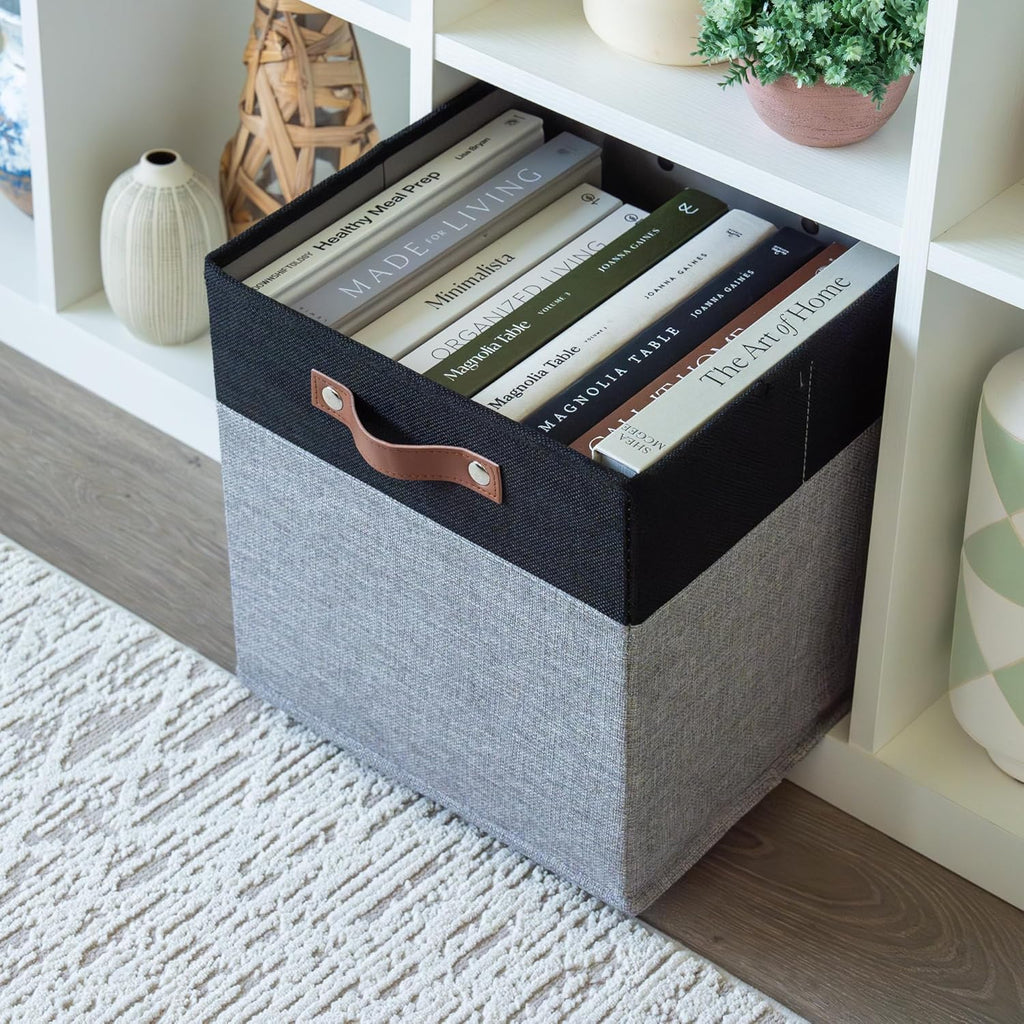OrganiHaus 12x12 Fabric Storage Bins - Set of 4, Cube Fabric Organizer Bins with Vegan Handles, Kallax Storage Cubes, Cubbies Organizer Boxes, 12Inch Cubic Baskets for Shelves - Grey/Black