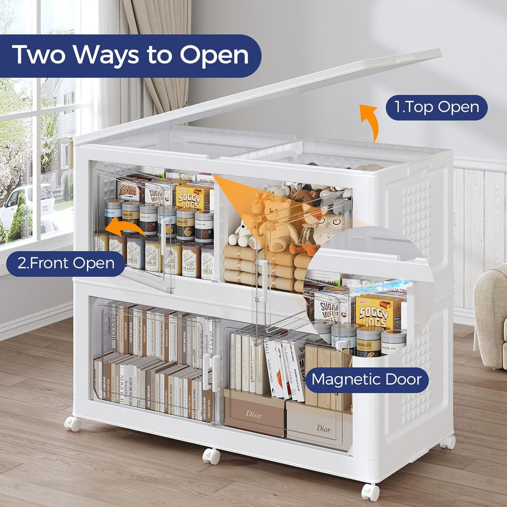 200GAL Storage Bins with Lid and Wheels, Stackable Closet Organizers and Storage Drawer, Collapsible Storage Box with Dividers, Foldable Plastic Cabinets Cubes Totes for Garage, 5 Pack White