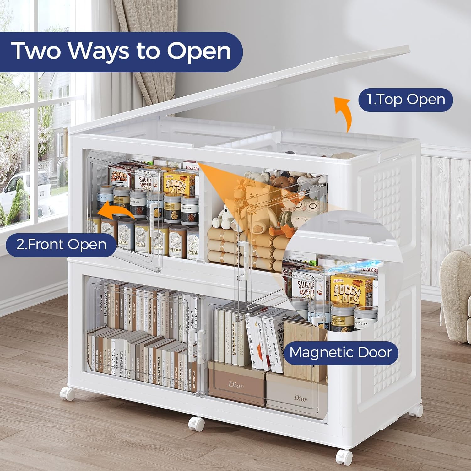 200GAL Storage Bins with Lid and Wheels, Stackable Closet Organizers and Storage Drawer, Collapsible Storage Box with Dividers, Foldable Plastic Cabinets Cubes Totes for Garage, 5 Pack White