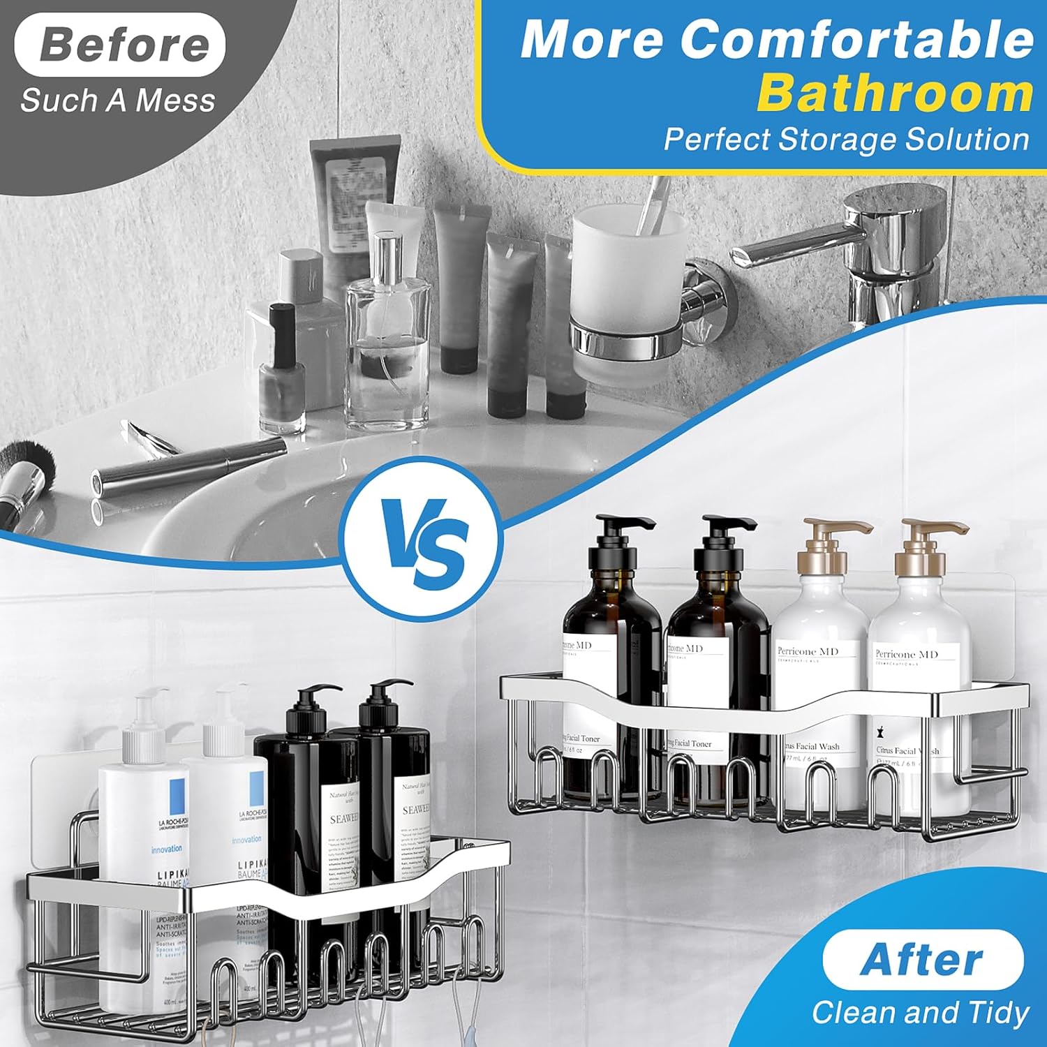 EUDELE 5-Pack Rustproof Stainless Steel Shower Caddy – No Drill Adhesive Bathroom Organizer with Large Capacity, Spacious Shower Shelves for Inside Shower, Kitchen & Home Decor Storage-XL Size