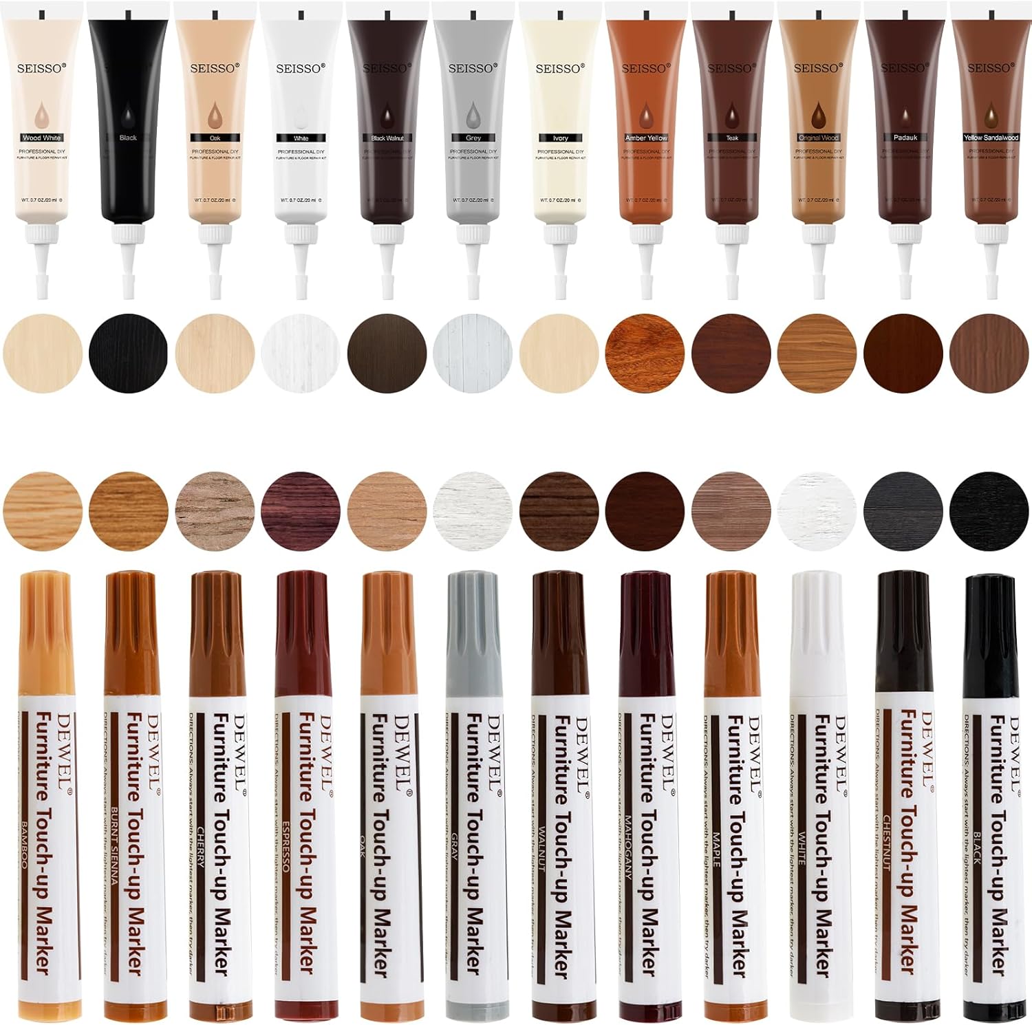 SEISSO Wood Furniture Repair Kit, Wood Filler and Touch Up Markers, Set of 28 Laminate Vinyl Floor Repair Kit for Scratches, Cracks, Holes, Discoloration for Door, Floor, Table, Cabinet