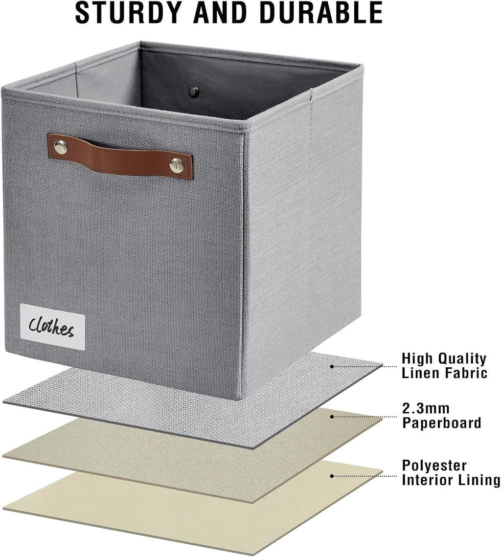 Collapsible Fabric Storage Cube Bins with 2 Reinforced PU Handles, Foldable Storage Organizer Baskets for Closet, Shelves, Living Room | 11"x11"x11", 4 Pack, Full Gray