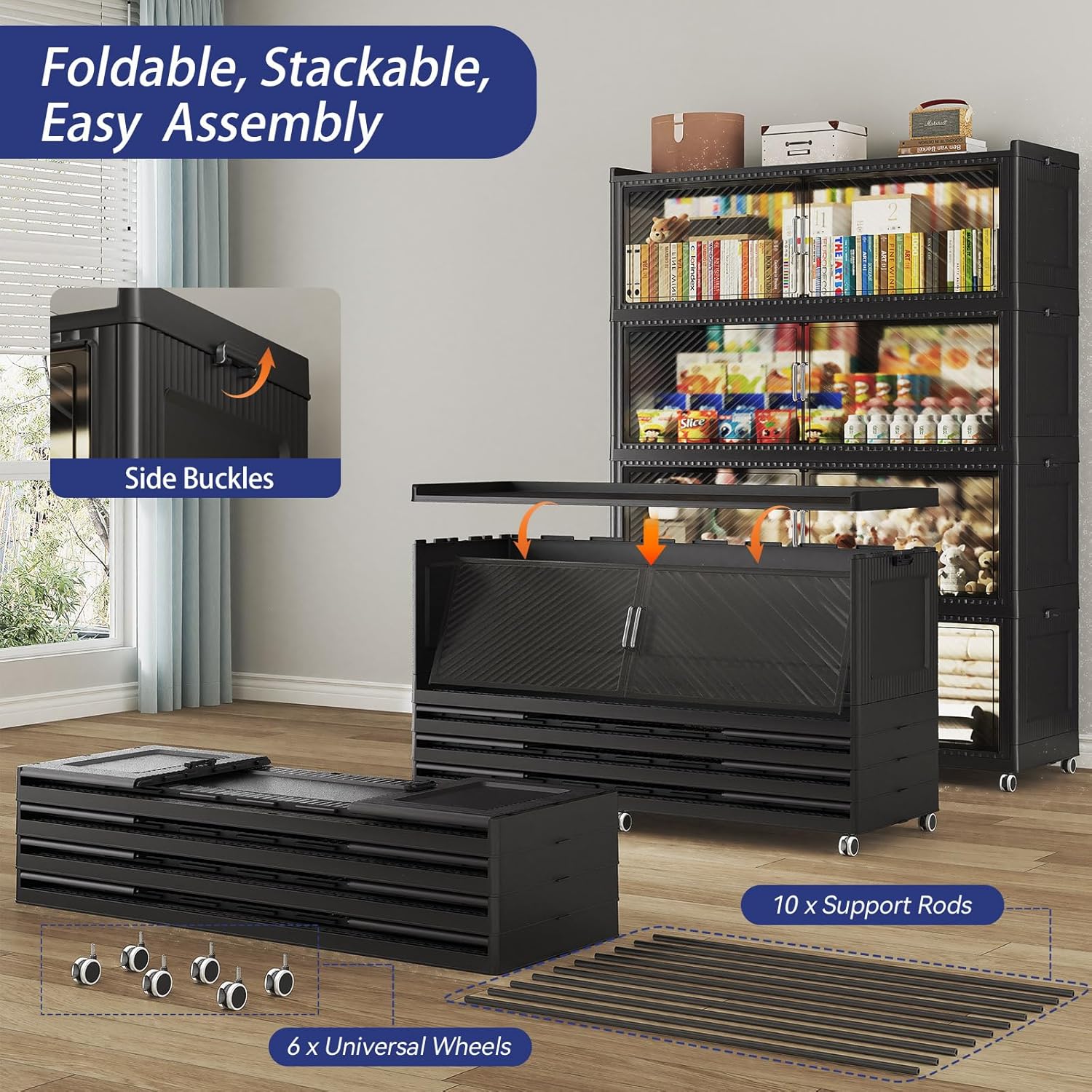 200GAL Extra Large Storage Bins with Lid, 800QT Collapsible Organizer with Wheels, Stackable Closet Cabinet with Doors, Folding Storage Containers for Home, Office, Dorm, 4Pack Black