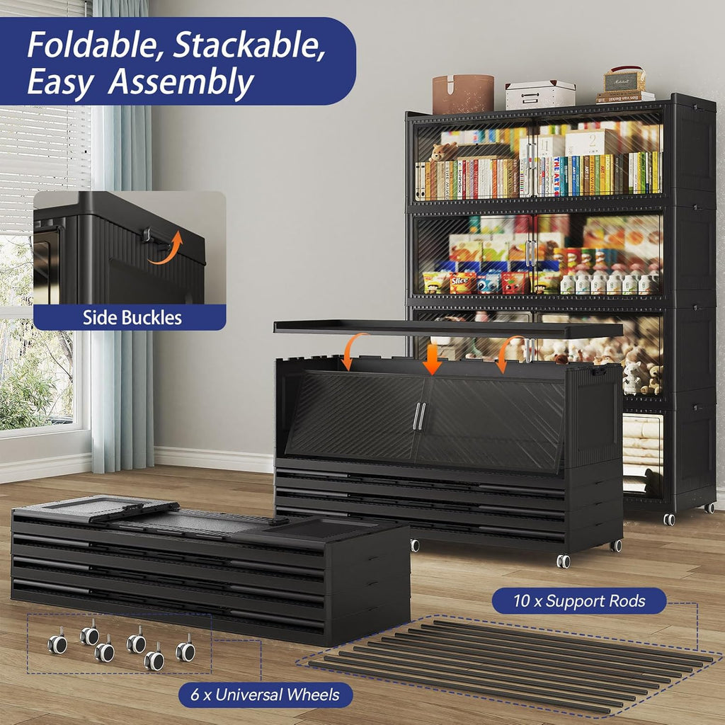 150GAL Extra Large Storage Bins with Lid, 600QT Collapsible Organizer with Wheels, Stackable Closet Cabinet with Doors, Folding Storage Containers for Home, Office, Dorm, 3Pack Black