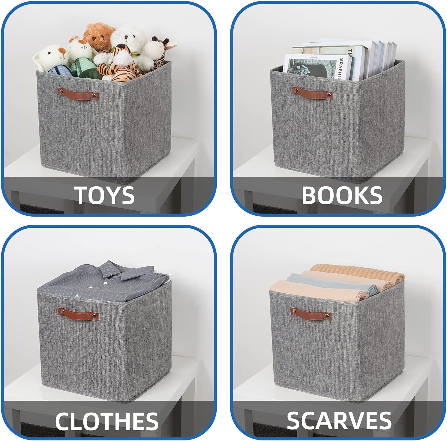 Temary Fabric Storage Cubes - 13 x 13 Collapsible Bins with Handles for Home Organization (Gray)