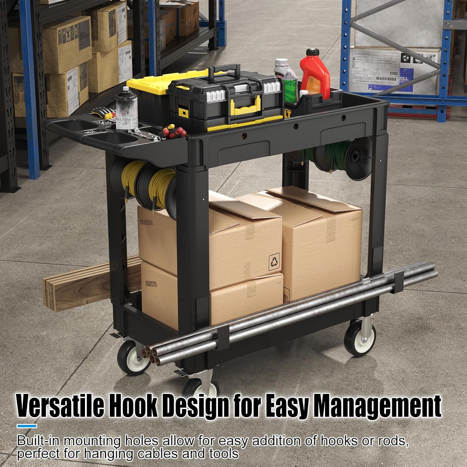 2 Tier Plastic Rolling Cart Utility Cart on Wheels, Heavy Duty Tool Carts with Ergonomic Storage Handle and Deep Shelfs, Work Cart Service Cartss for Garage, Warehouse, Workshop, Office, Cleaning