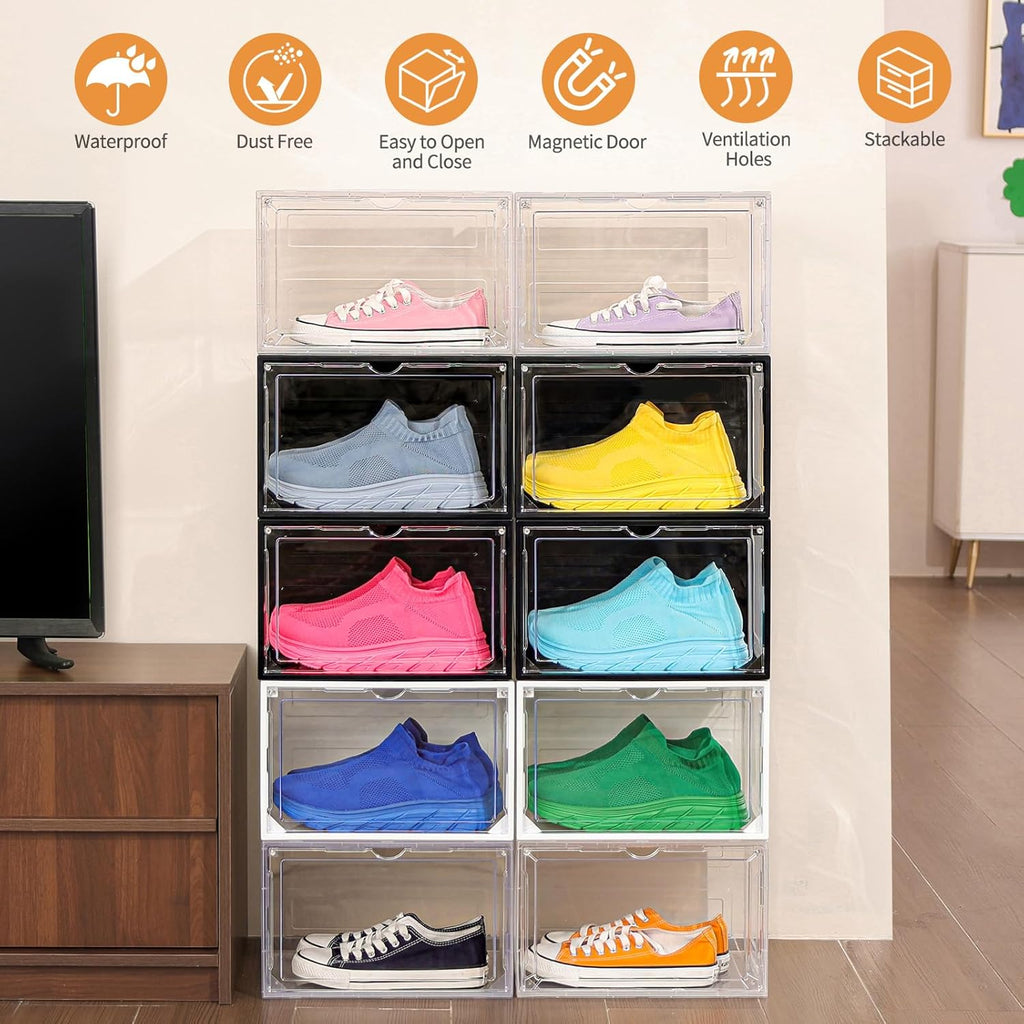 12 Pack Clear Shoe Boxes Stackable,Large Shoe Storage Organizer with Magnetic Door,Drop Side Shoe Containers for Entryway,Sneaker Storage Fit up to US Size 12 for Men/Women