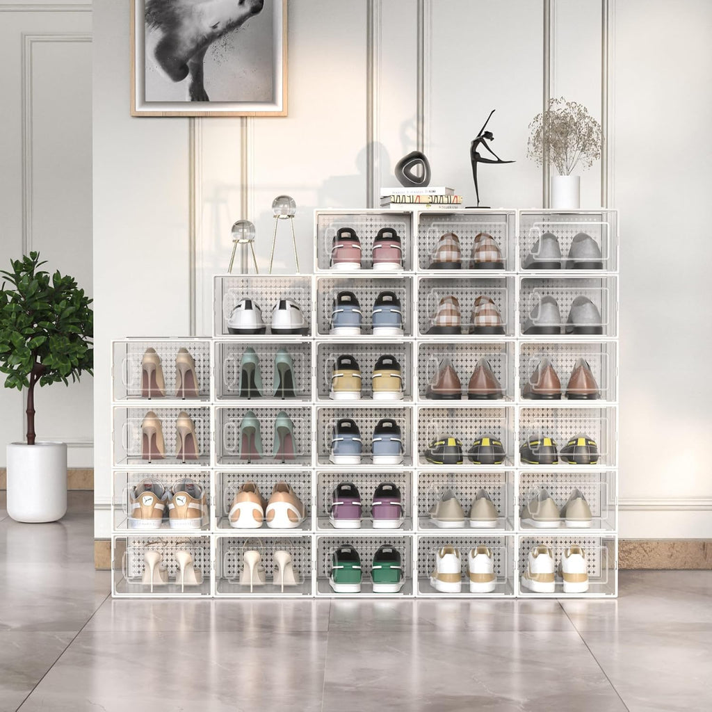 12 Pack Large Modular Clear Plastic Stackable Shoe Storage Organizer for Closet, Space Saving Versatile Sneaker Shoe Rack Containers Bins Holders, Portable Closet Organizers and Storage, White