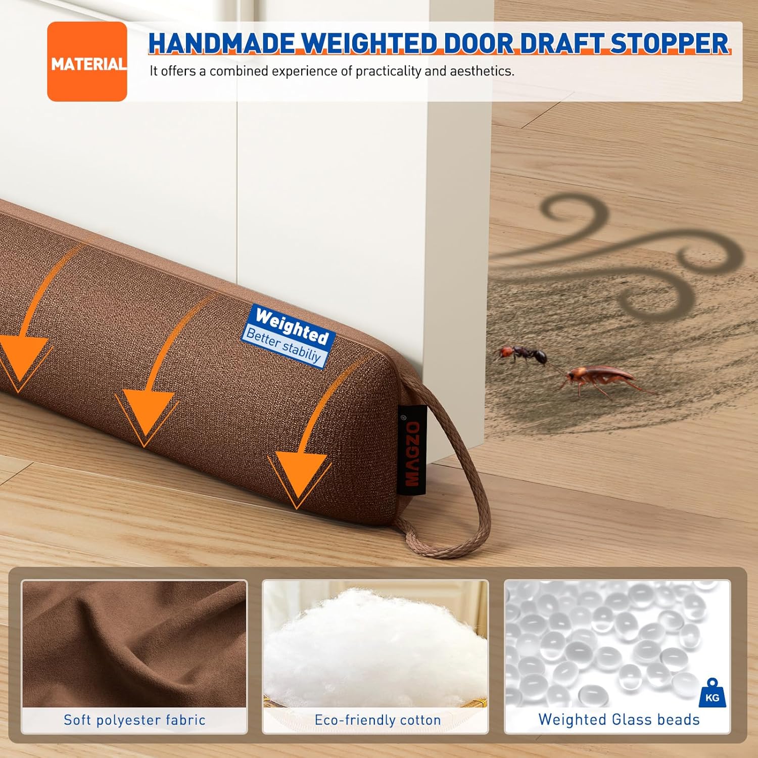 MAGZO Door Draft Stopper, 34 Inch Under Door Draft Blocker Noise Stopper, Weighted Wind Blocker Draft Guard for Bottom of Door, Brown
