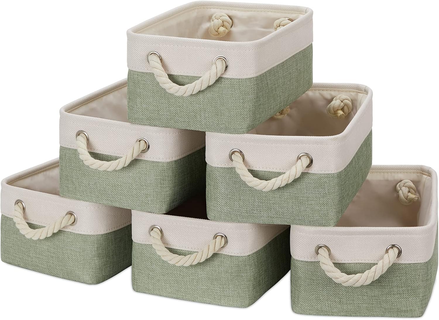Temary Small Storage Baskets Small Fabric Bins for Closet, 6 Pack Decorative Storage Boxes with Rope Handles for Organizing Clothes, Canvas Storage Basket(White&Green,11.8L x 7.9W x 5.3H inches)