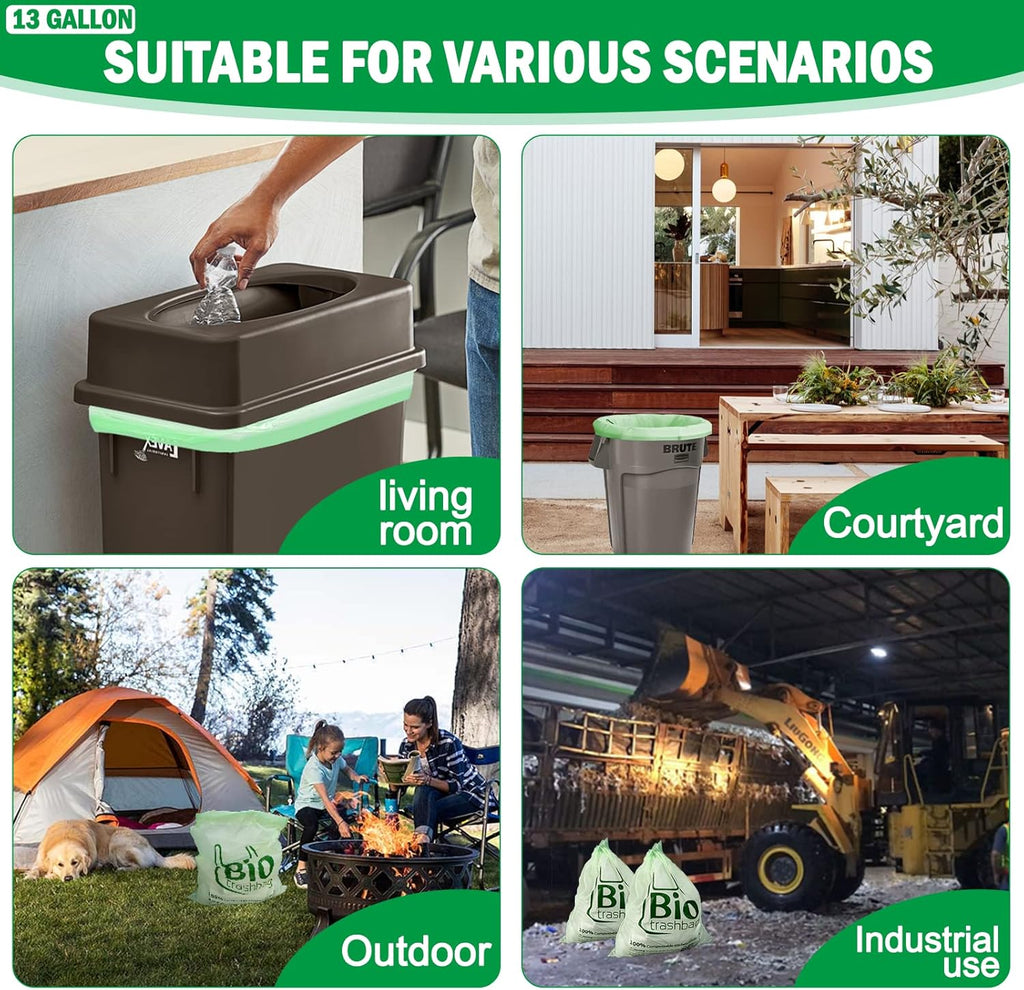 13 Gallon Compostable Trash Bags, Biodegradable Drawstring Compost Food Waste Bags, 100 Count, Heavy Duty 1 Mil, 49.2 Liter, Tall Kitchen Large Garbage Bags, US BPI and Europe OK Compost