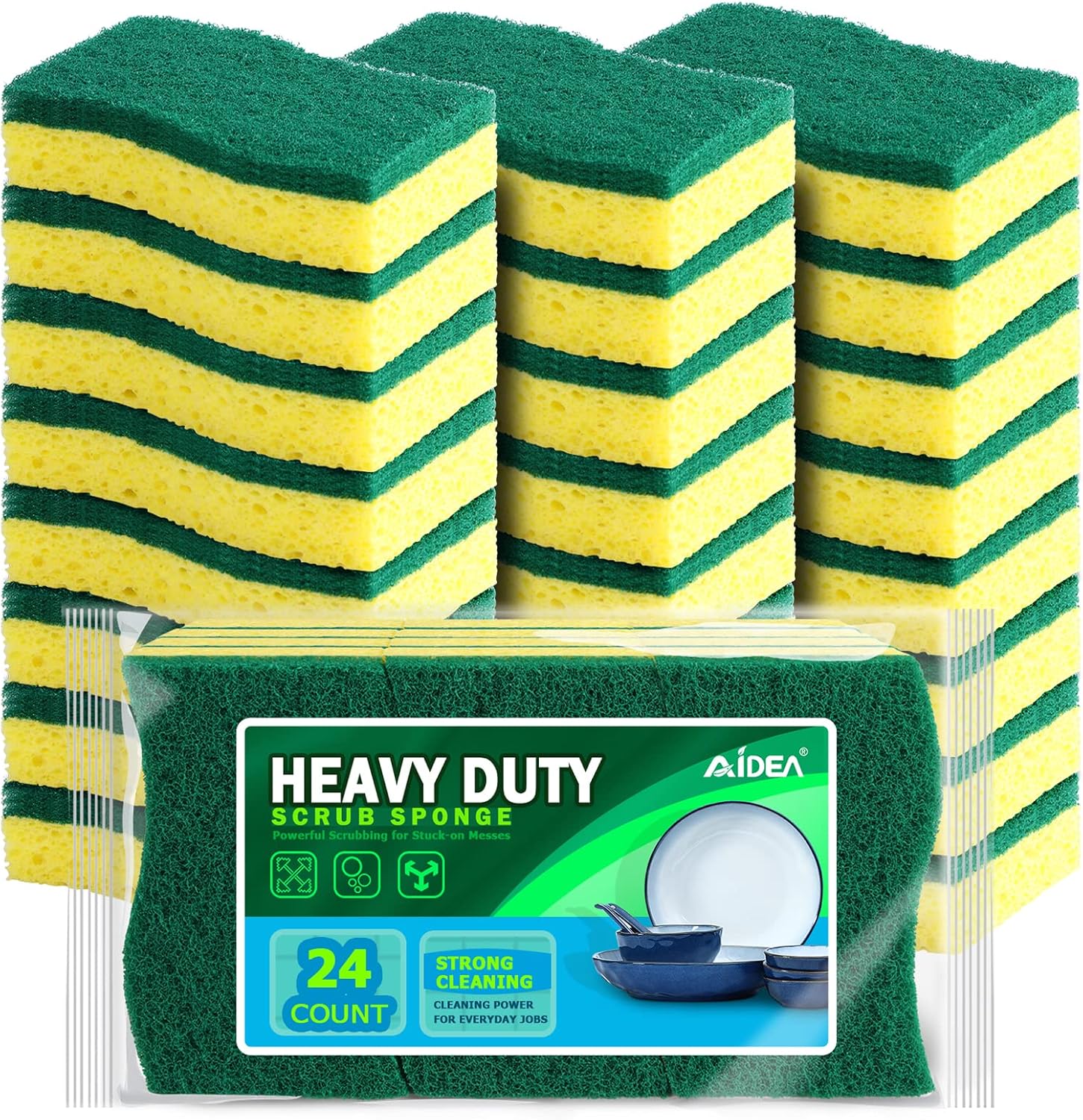AIDEA Sponges Kitchen, Heavy Duty Scrub Sponge-24Count, Sponges for Dishes, Cellulose Dish Sponge, Scrubbing Power for Tough Messes, Cleaning Power for Non-Coated Cookware, Dishes, Pots, Pans