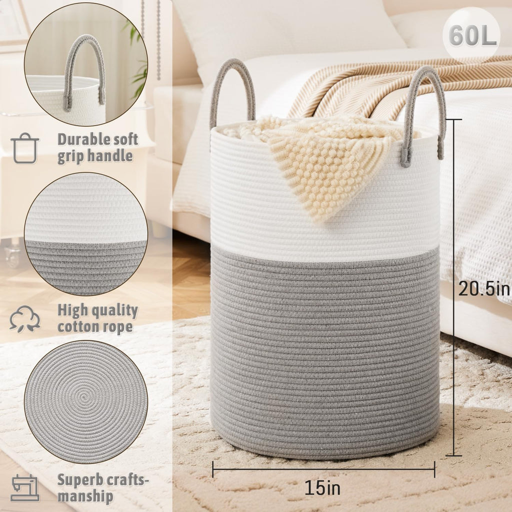 Laundry Basket,Woven Cotton Rope Laundry Hamper,60L for Decorative Storage of Dirty Clothes,Toys and Blankets in Bathroom,Baby Room and Living Room