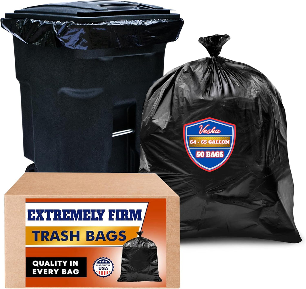 Veska 65 Gallon Trash Bags for Toter, (Value-Pack 50 Count w/Ties) Extra Large 64 Gallon Heavy Duty, 60 Gal Trash Bags Outdoor Garbage Can Liner for CustodiansExtra Large Garbage Bag 70 Gallon