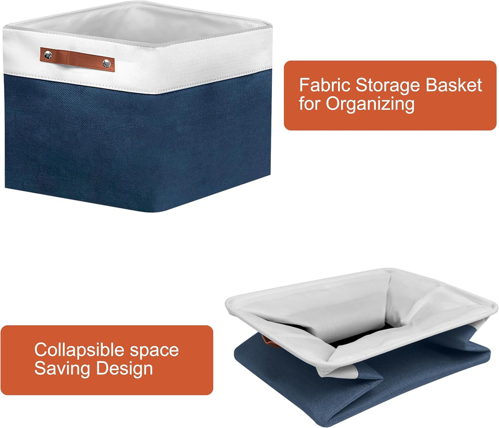 13in Open Fabric Storage Basket with Leather Handles for Organizing, Collapsible Linen Closet Bins for Shelves, Closets, Laundry, Decorative Basket for Gifts. (White＆Blue, 3PCS/13x13in)