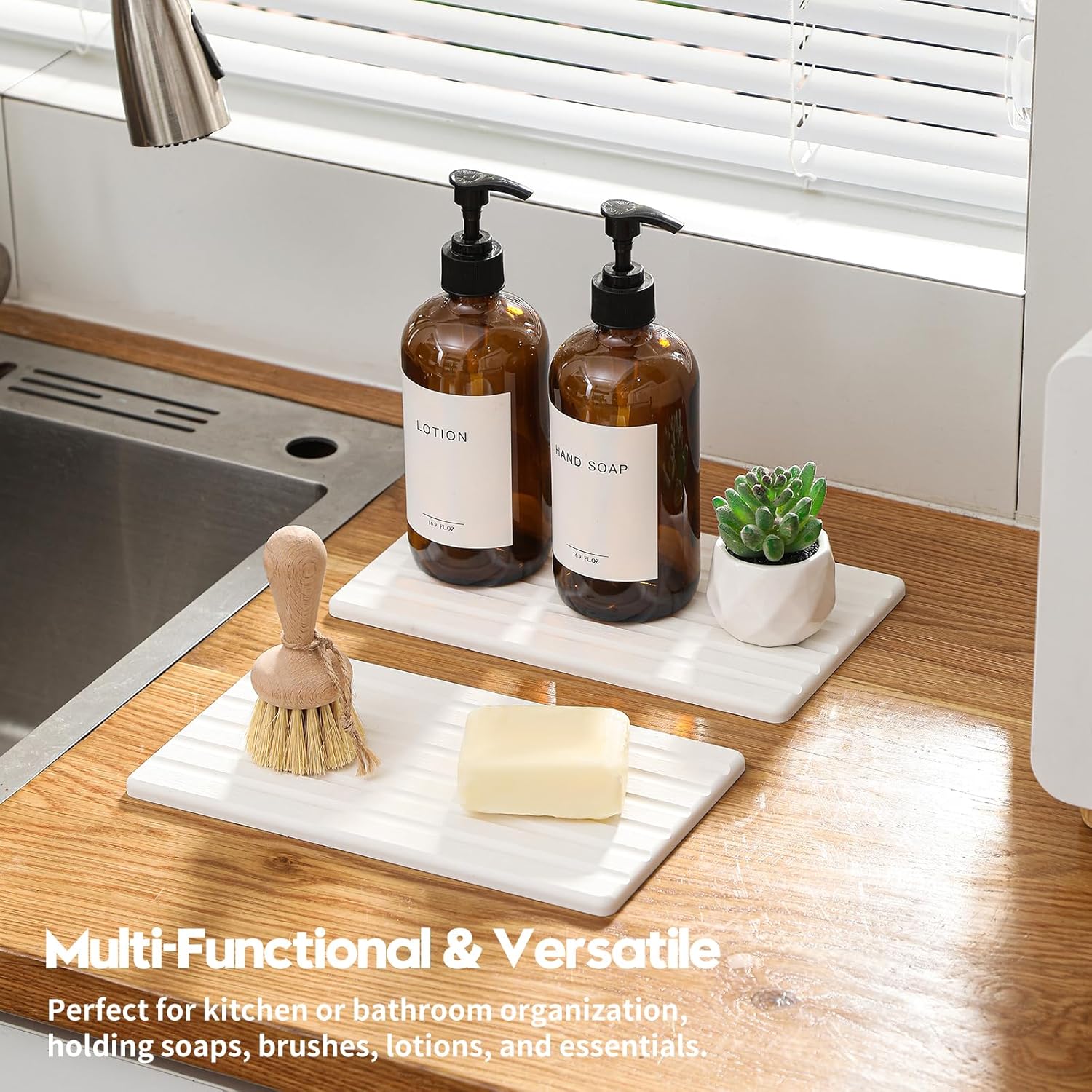 2PCS Water Absorbing Stone Drying Tray Mat for Bathroom Sink & Kitchen Counter Organizer, Quick Dry Dish Soap Dispenser Sponge Holder, Vanity Sink Caddy, Drink Bar Coaster, White - 10"*6"