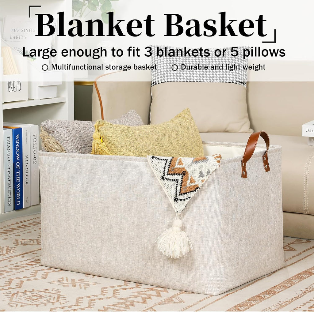 DULLEMELO Beige Storage Baskets for Organizing, Set of 2 Extra Large Canvas Fabric Storage Baskets with Handles, Foldable Storage Bins Baskets for Blankets Living Room
