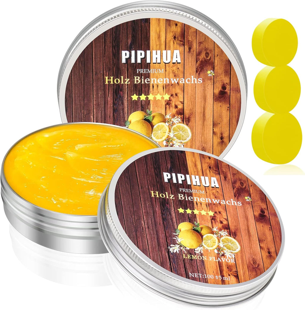 PIPIHUA Beeswax Polish and Conditioner for Wood Furniture - Waterproof & Restorer Wood Wax, Multipurpose Beeswax Furniture Polish and Cleaner for All Types and Colours, Lemon(2×100g with 3 Sponges)