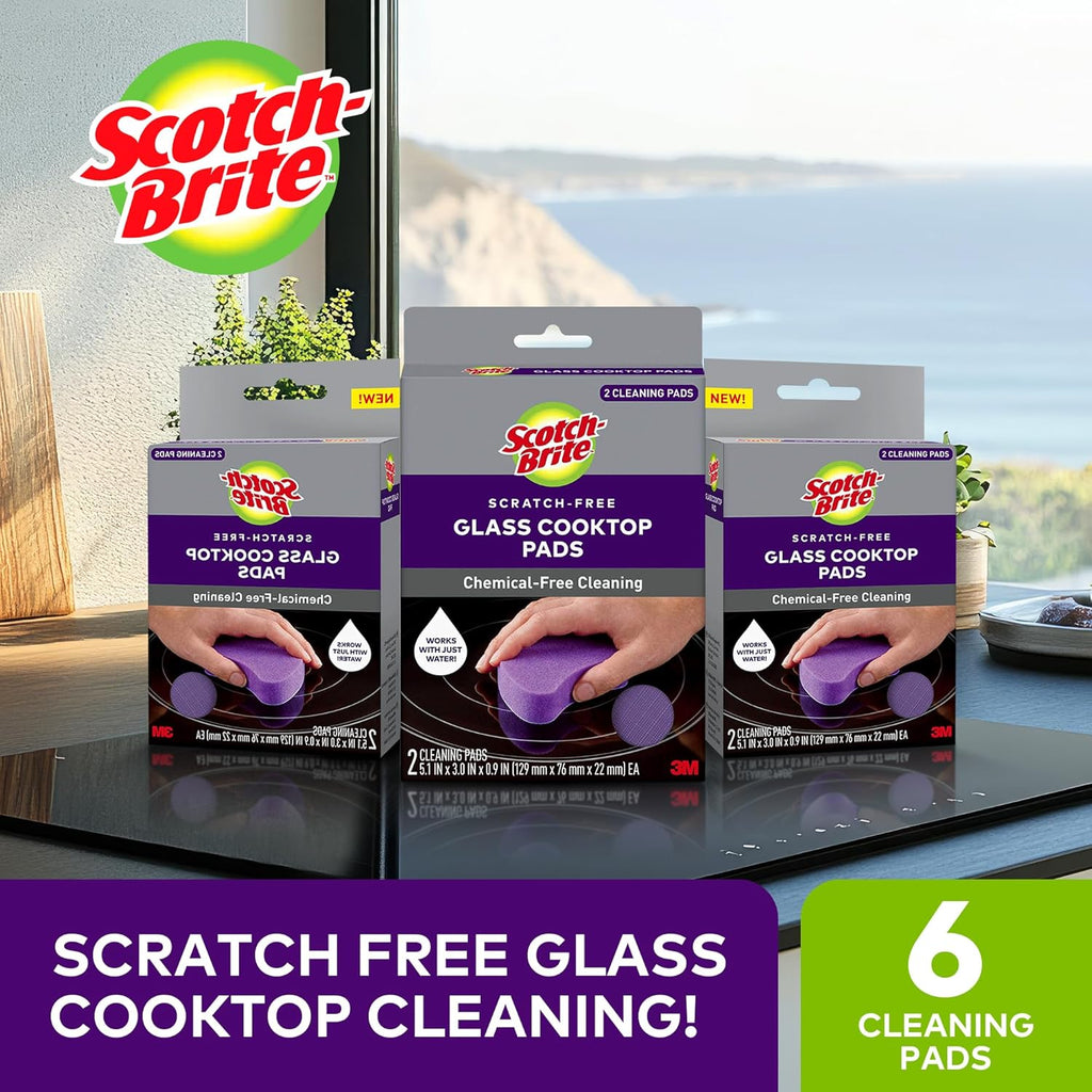 Scotch-Brite Glass Cooktop Pads, Scratch-Free & Non-Abrasive Scrubbers for Glass or Ceramic Stovetops, Cleans Burnt-On Messes with Just Water, Reusable Dishwasher-Safe Design (6 Pads)
