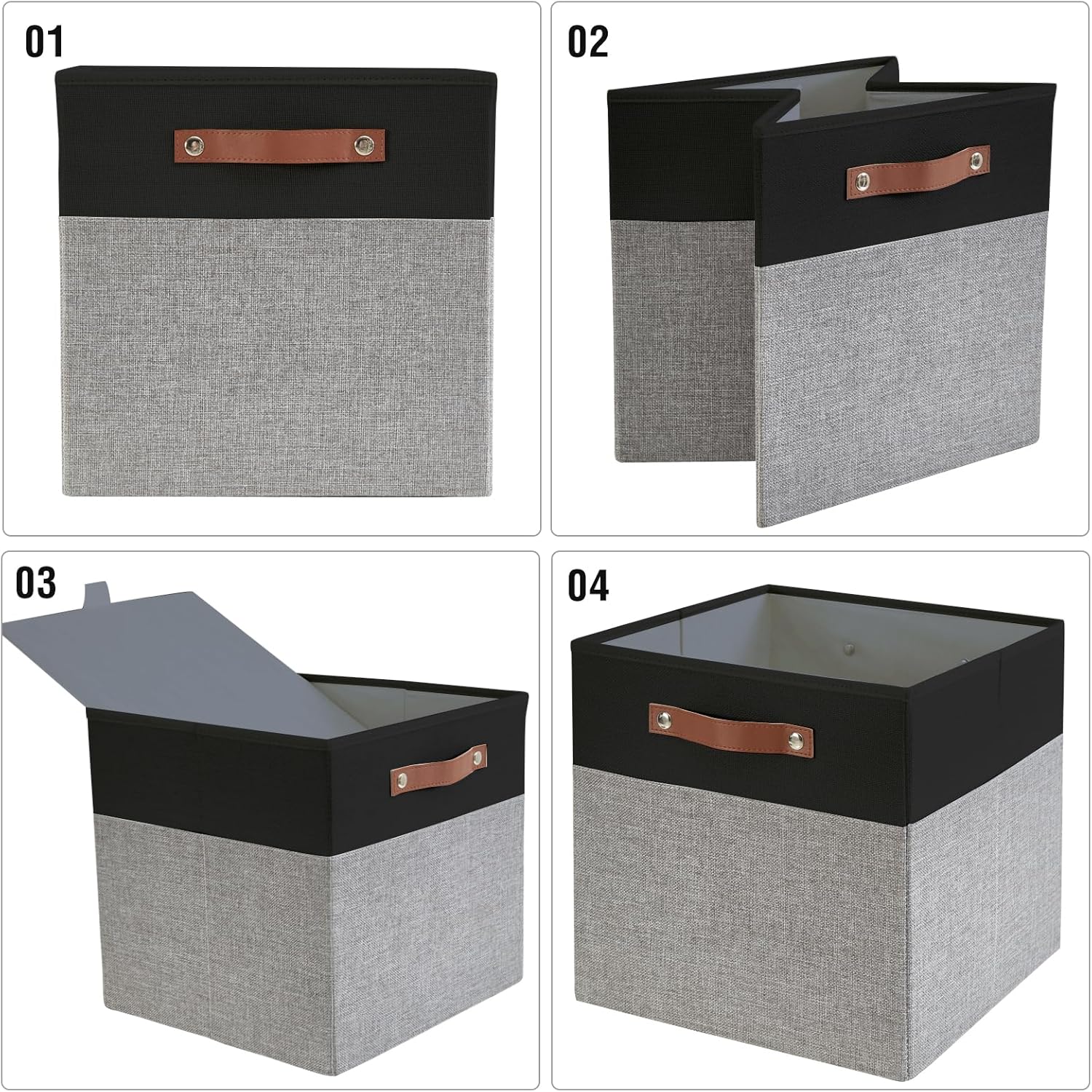 Collapsible Fabric Storage Cube Bins with 2 Reinforced PU Handles, Foldable Storage Organizer Baskets for Closet, Shelves, Living Room | 13"x13"x13", 4 Pack, Black & Gray