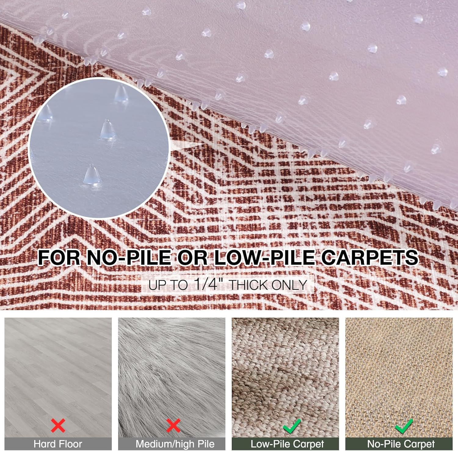 Chair Mat for Carpet, 36" x 48" Easy Glide Desk Chair Mat for Carpeted Floors, Beveled Edge Vinyl Mat with Grips, Heavy Duty Carpet Protector for Home Office, Clear(with Lip)