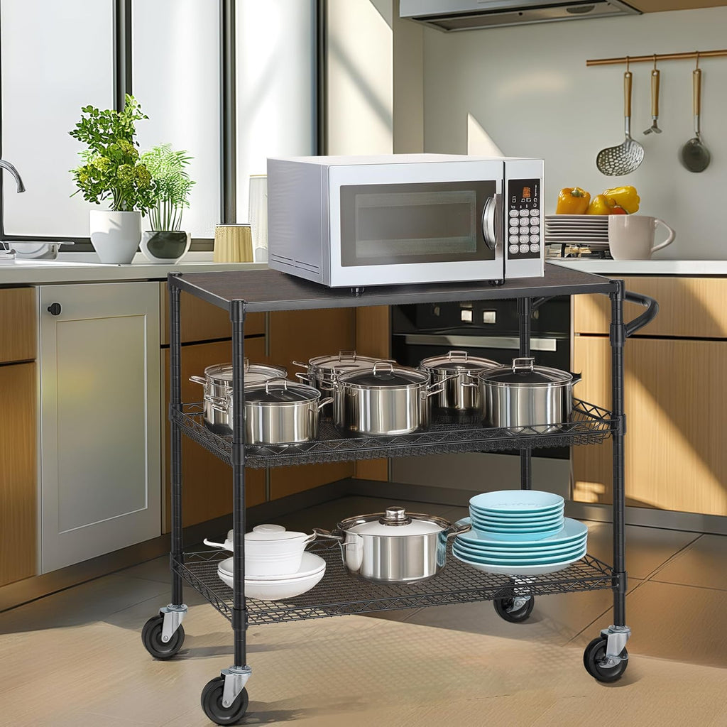 Finnhomy 3 Tier Heavy Duty Commercial Grade Utility Cart with Wood Top, Wire Rolling Cart with Wheels and Handle Bar, Kitchen Carts on Wheels, 18x36x35.4 H Metal Cart with 600 LBS Capacity, Black