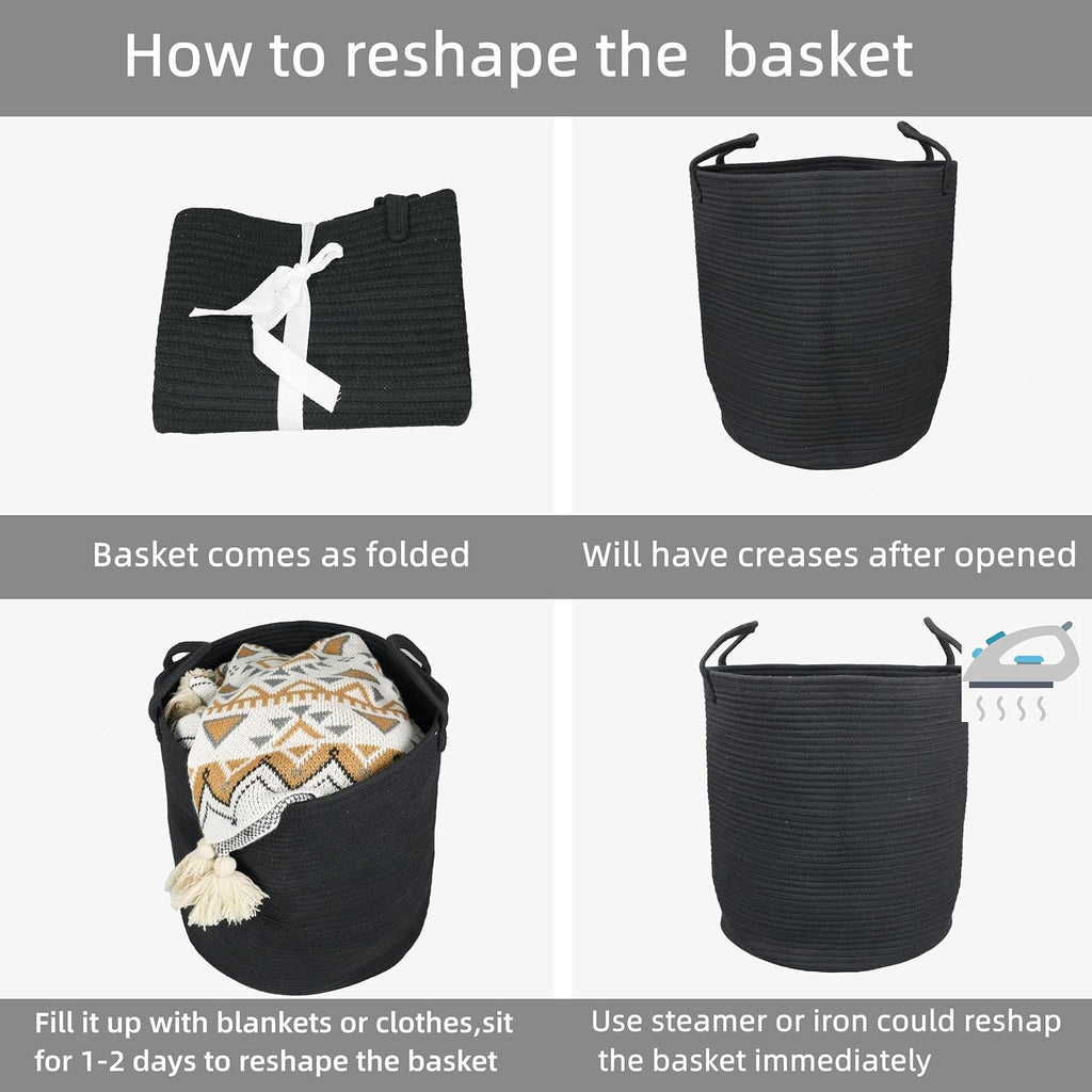 Black Cotton Rope Laundry Basket Hamper for Clothes Woven Storage Basket for Living Room Bedroom Boho Tall Rope Baskets for Blanket Toys Pillow Towels Baby Nursery Hamper Bin Large