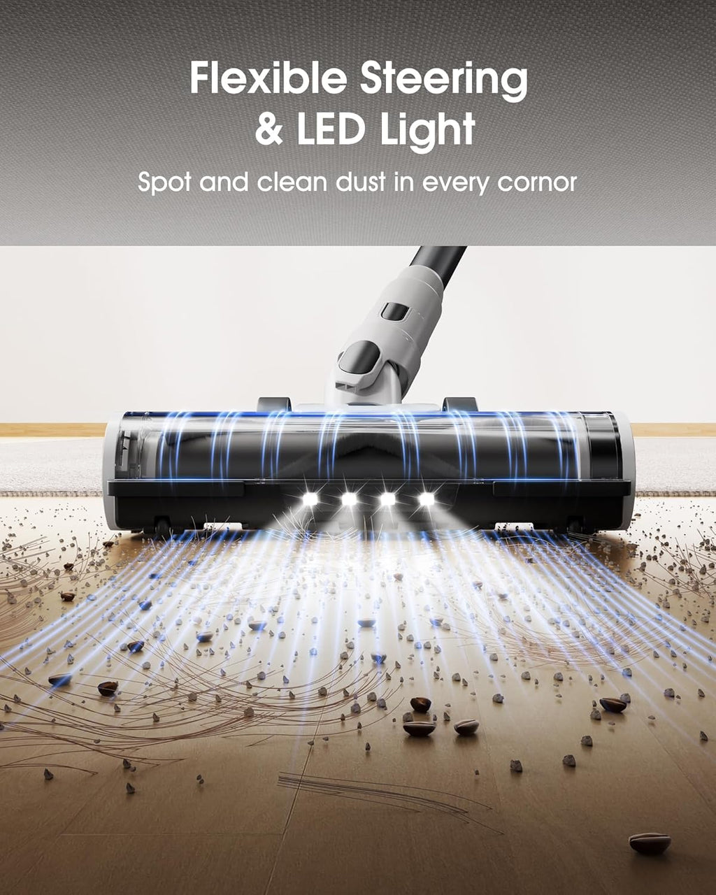 Cordless Vacuum Cleaner, 580W 48KPA 65Mins Runtime Fast Charging Vacuum Cleaner, Self-Standing LED Light Touch Screen Stick Vacuum for Home Light Weight,for Pet Hair/Carpet/Floor, White