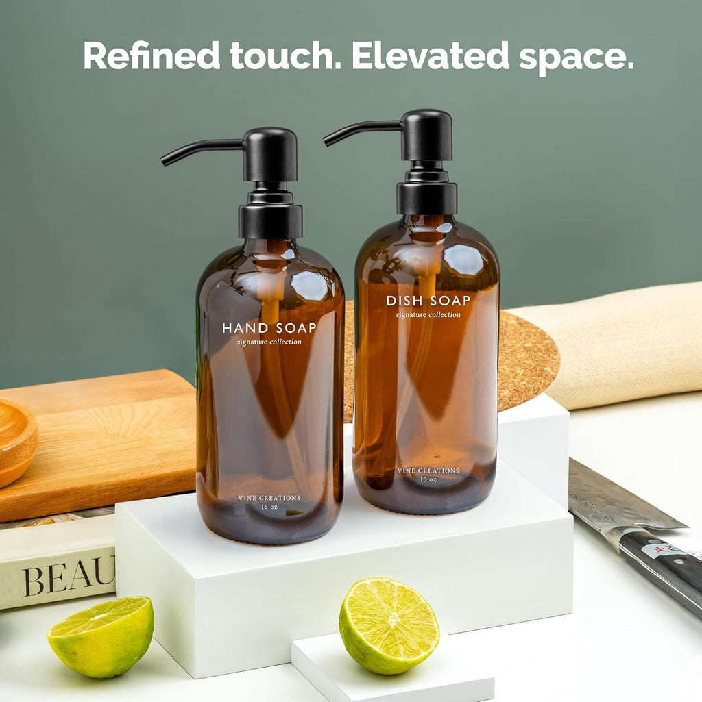 Vine Creations Amber Glass Soap Dispenser Set, Dish Soap and Hand Soap Dispenser Set with Stainless Steel Pump, 16 oz Glass Dispensers for Kitchen or Bathroom Decor (Amber Bottle/Matte Black Pump)