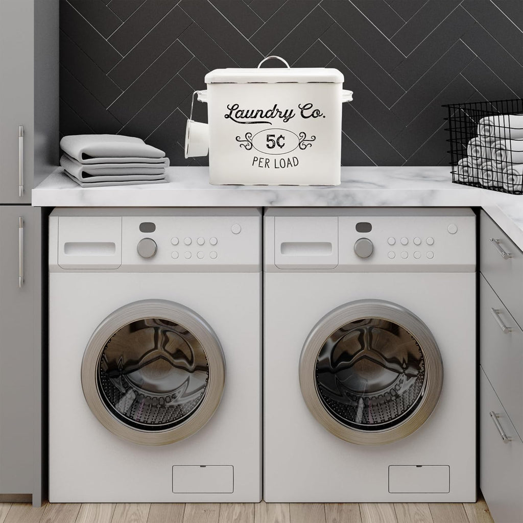 AuldHome Design Farmhouse Laundry Powder Container, White Enamelware Detergent Bin w/ Scoop