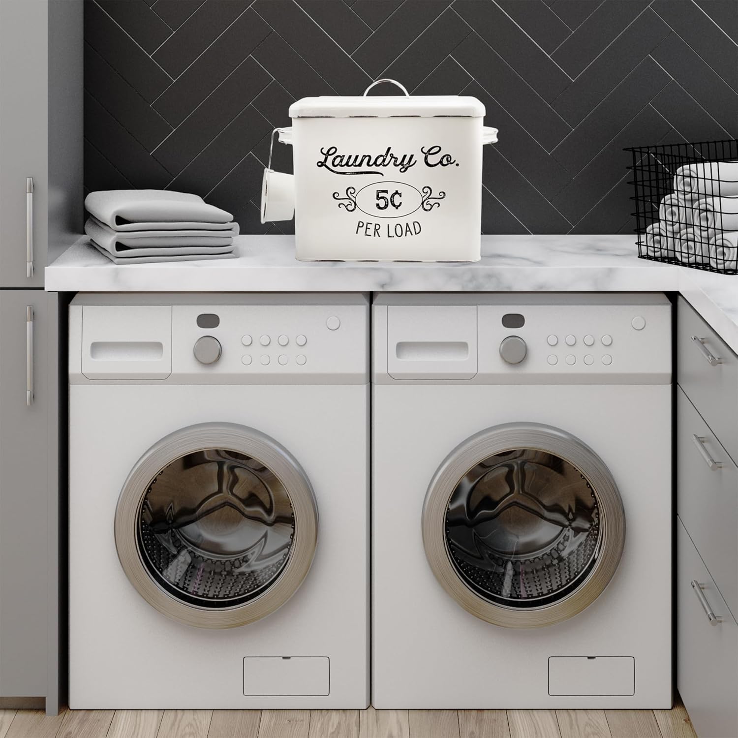 AuldHome Design Farmhouse Laundry Powder Container, White Enamelware Detergent Bin w/ Scoop