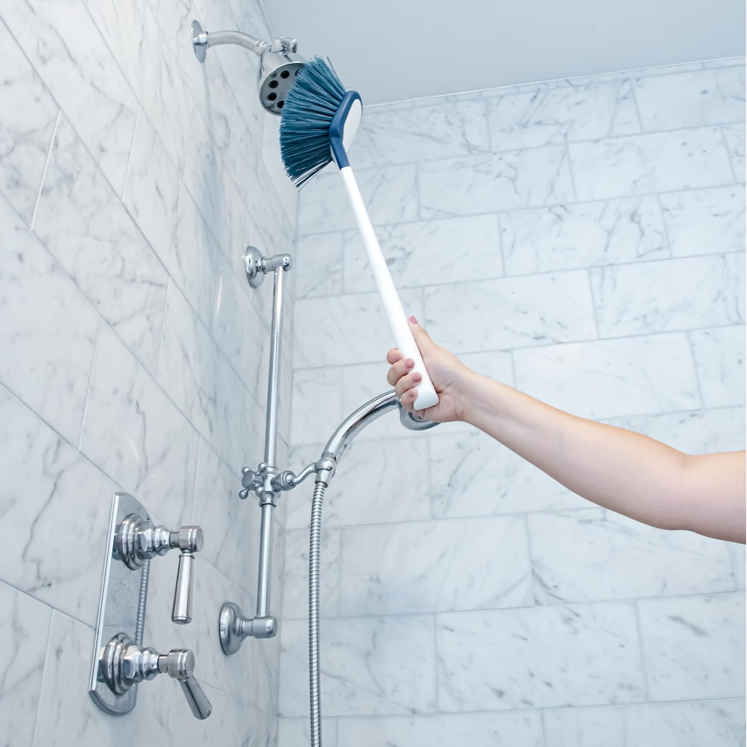 Unger EZ Reach Shower Tub and Tile Scrub Brush, Crevice Bathroom Cleaning Supplies, Non-Scratch Scrubber Tool for Showers, Fixtures, Bathtubs, Drains, Grout, and Marble