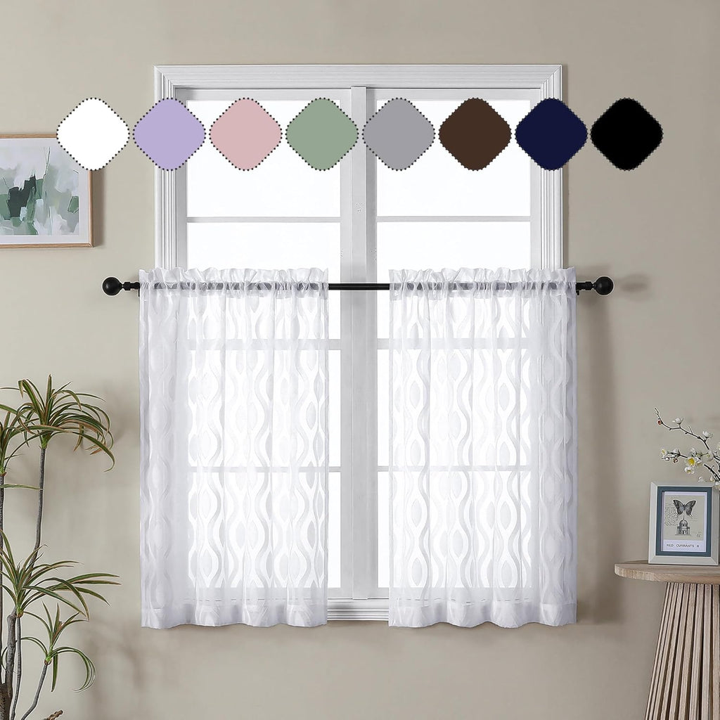 Aiyufeng White Sheer Curtains Tiers 36 Inch Length 2 Panels Set, Airy Lightweight Clip Jacquard Small Window Curtains, Modern Wavy Line Textured Voile Sheer Curtains for Small Windows, 40"Wx36"L Inch
