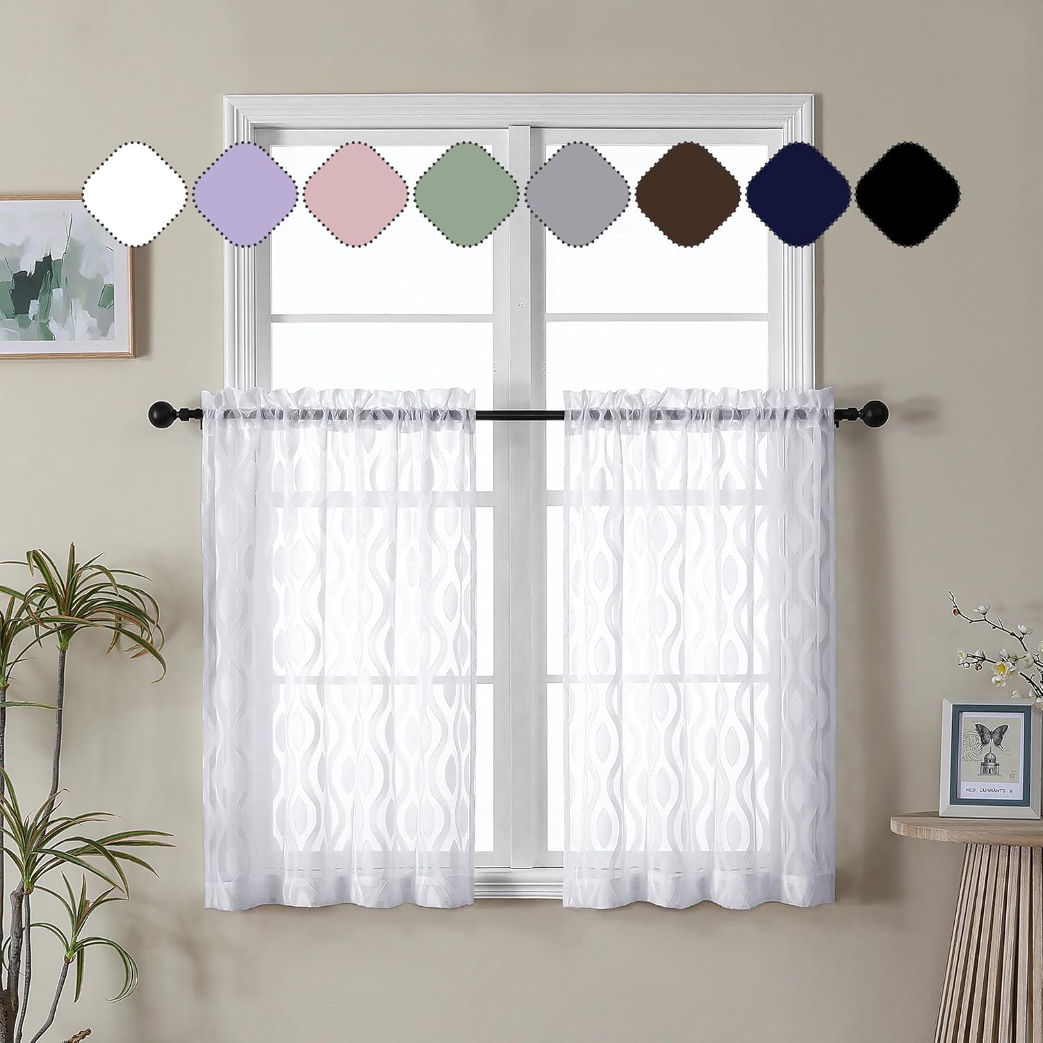 Aiyufeng White Sheer Curtains Tiers 36 Inch Length 2 Panels Set, Airy Lightweight Clip Jacquard Small Window Curtains, Modern Wavy Line Textured Voile Sheer Curtains for Small Windows, 40"Wx36"L Inch