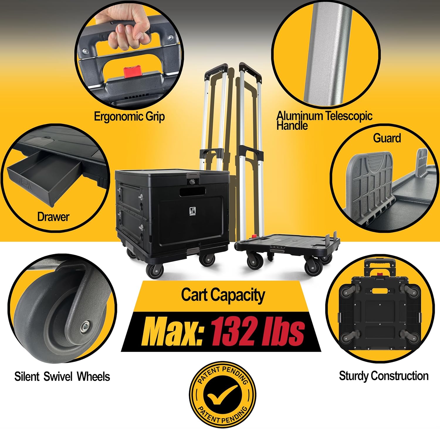 Wellmax WM99800BK Rolling Crate Cart with Wheels, Foldable Utility Cart for Teachers, Shopping, Office | Silent Wheels, Aluminum Handle, 132 lbs Capacity – Black