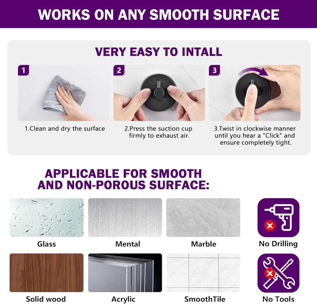 JOMOLA Stainless Steel Bathroom Suction Hooks - No Drill Adhesive-Free Wall Mount for Shower, Towel & Robe, Rustproof Metal Hardware with Damage-Free Grip, Matte Black (2-Pack)