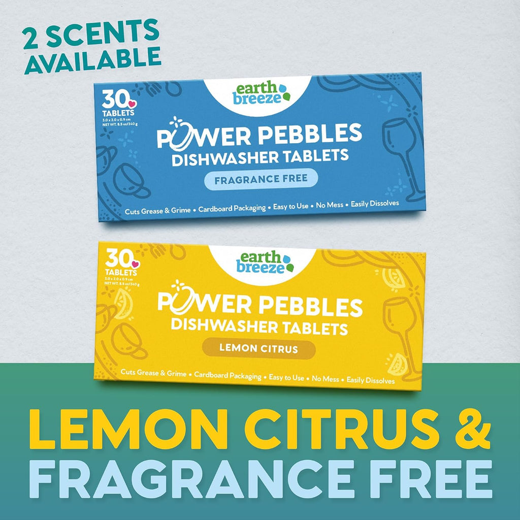 Earth Breeze Power Pebbles Dishwasher Tablets, Tough on Grease, Gentle on Dishes, Fragrance Free Dish Detergent & Dishwasher Cleaner, Kitchen Cleaning Supplies for Sparkling Results, 90 Tabs (3-Pack)