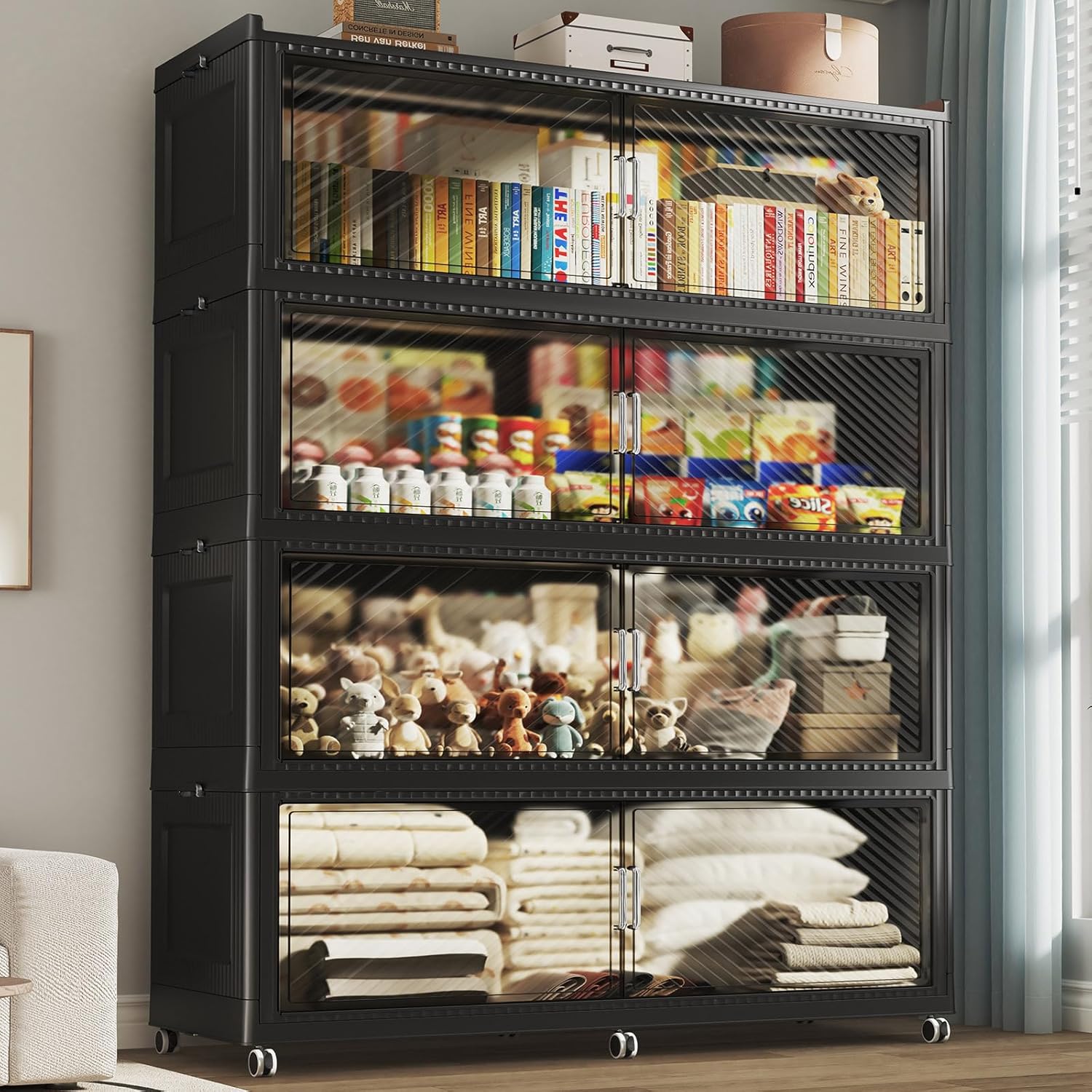 320GAL Extra Large Storage Bins with Lid, 1280QT Collapsible Organizer with Wheels, Stackable Closet Cabinet with Doors, Folding Storage Containers for Home, Office, Dorm, 4Pack Black