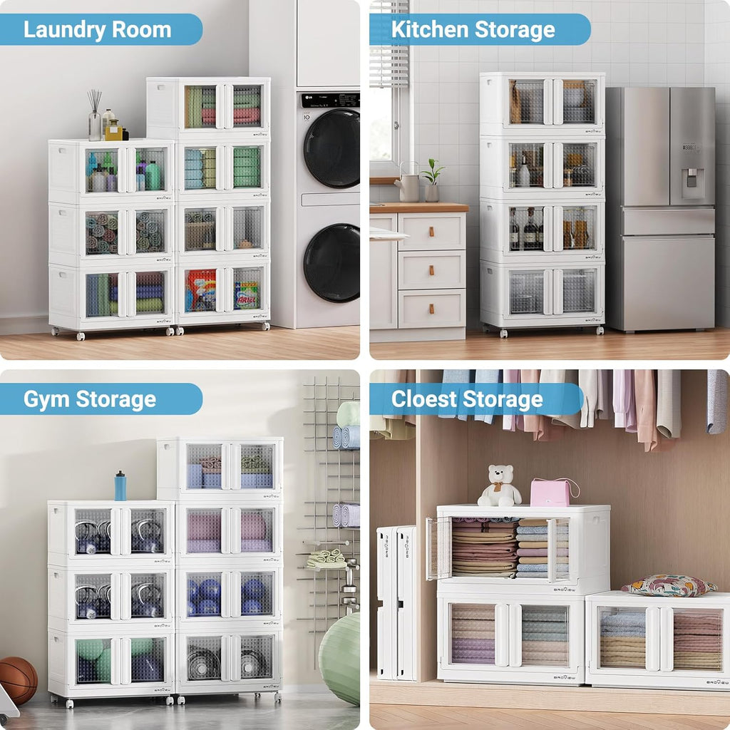 BROVIEW 400 Qt Stackable Storage Bins with Lids & Doors, 4 Pack Plastic Closet Organizer and Storage Drawers with Wheels, Large Collapsible Storage Boxes, Cabinet for Home, Office, V10, White