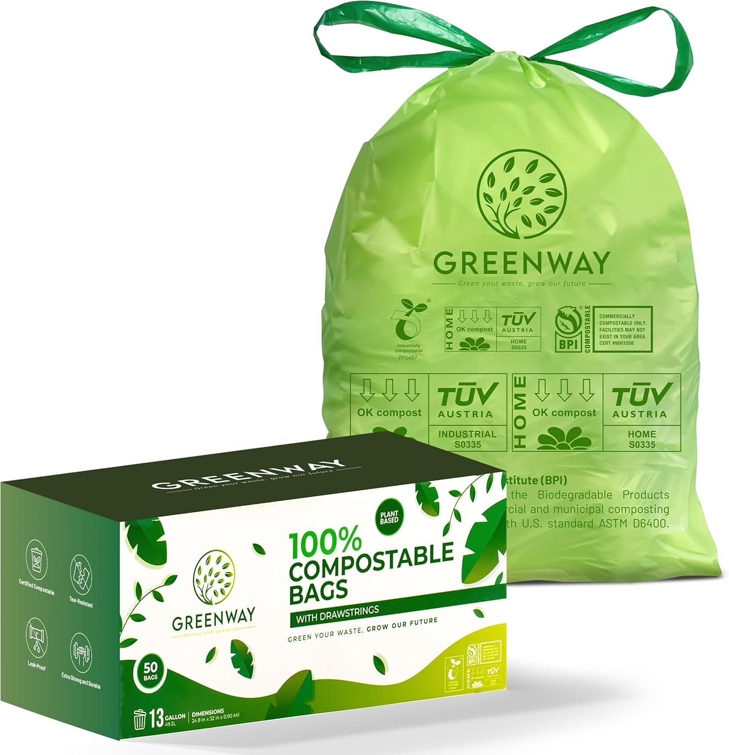 GREENWAY 13 Gallon Compostable Trash Bags Drawstring, 50 Bags, Heavy Duty Extra Thick 0.90 Mil, Tall Kitchen Food Scrap Waste Bags, US BPI and Europe OK Compost Home Certified