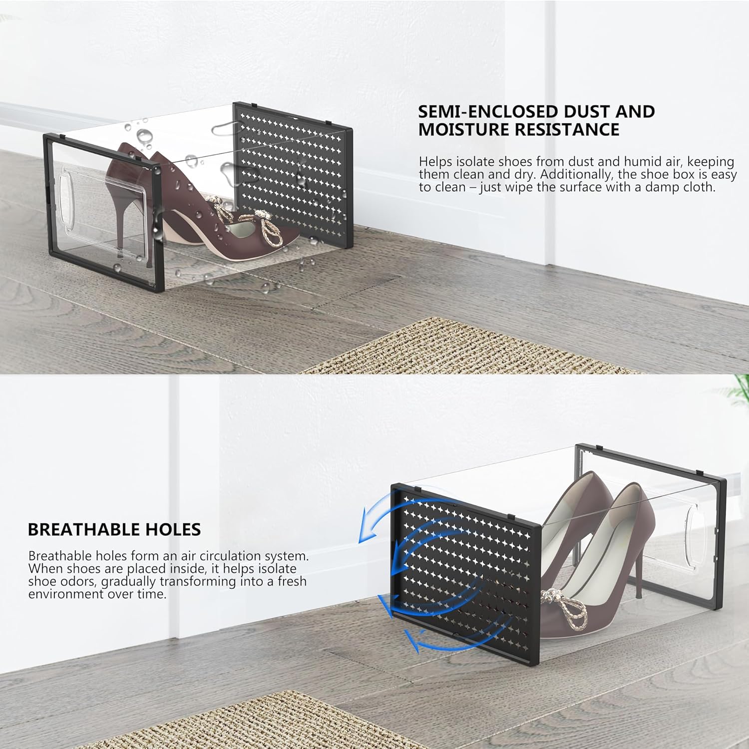 12 Pack X-Large Modular Clear Plastic Stackable Shoe Storage Organizer for Closet, Space Saving Versatile Sneaker Shoe Rack Containers Bins Holders, Portable Closet Organizers and Storage, Black02