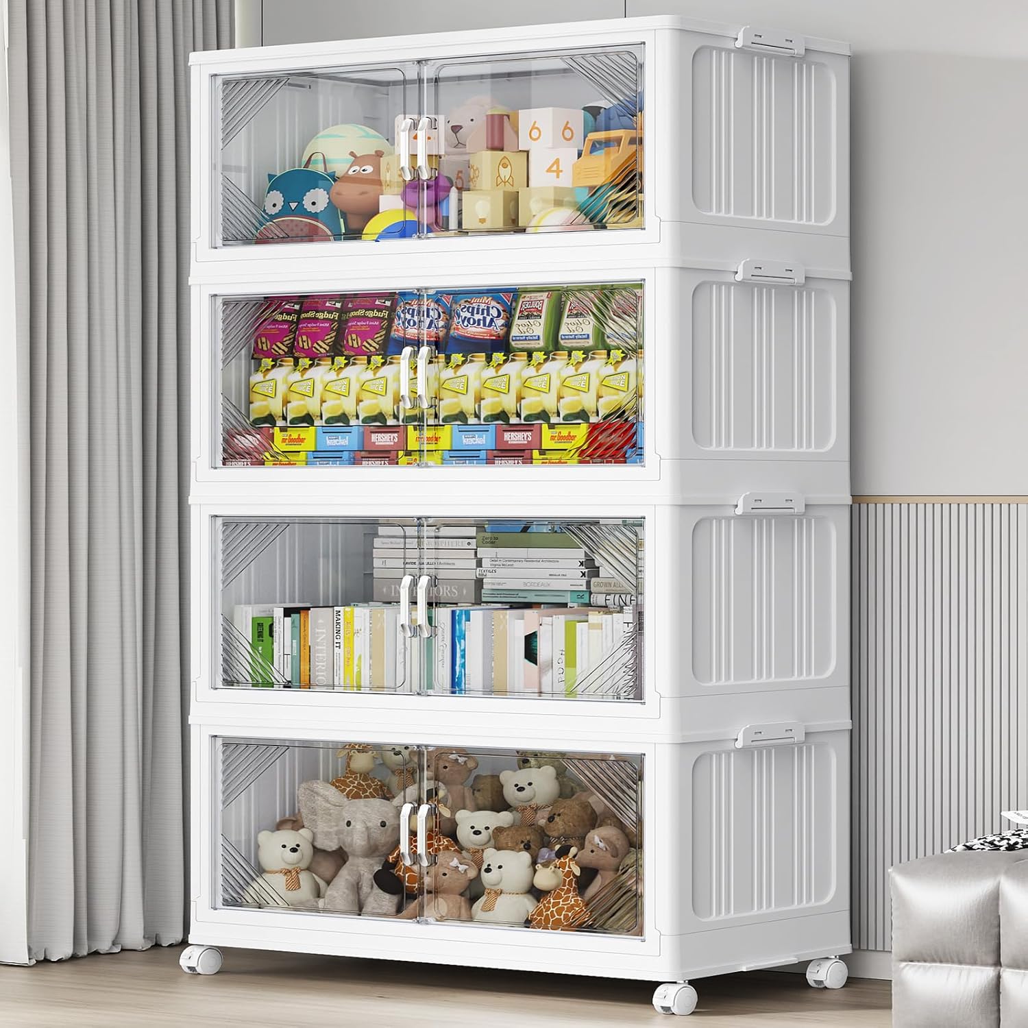 140Gal Plastic Stackable Storage Bins with Lid, 560QT Extra Large Closet Organizers Collapsible Cabinets Boxes with Drawers, Foldable Containers with 4X Wheels for Home Kitchen, V60 4Pack White